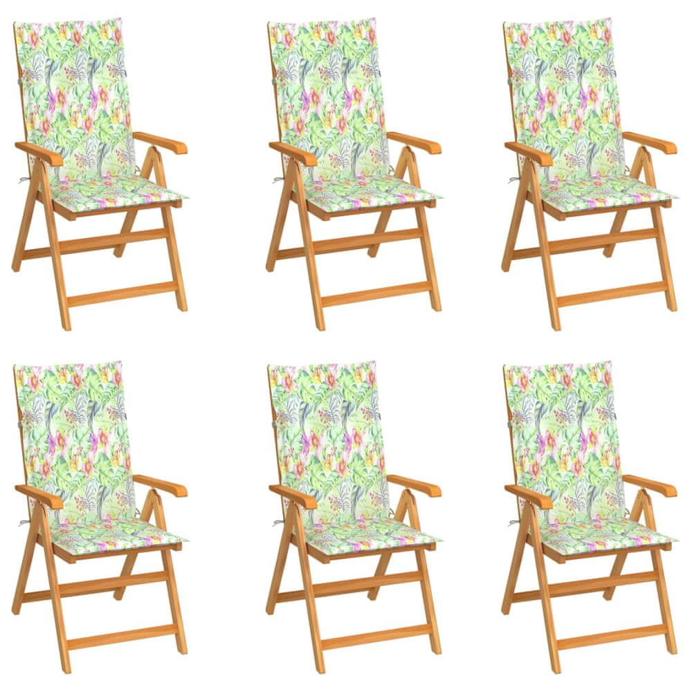 Vidaxl Záhradné stoličky 6 ks s podložkami so vzorom listov tíkový masív
